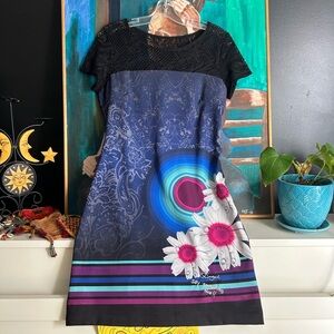 Desigual Black and Blue Floral Mini Dress M